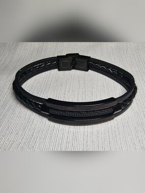 Stainless Steel / Copper :Black Braided Leather Men's Bracelet